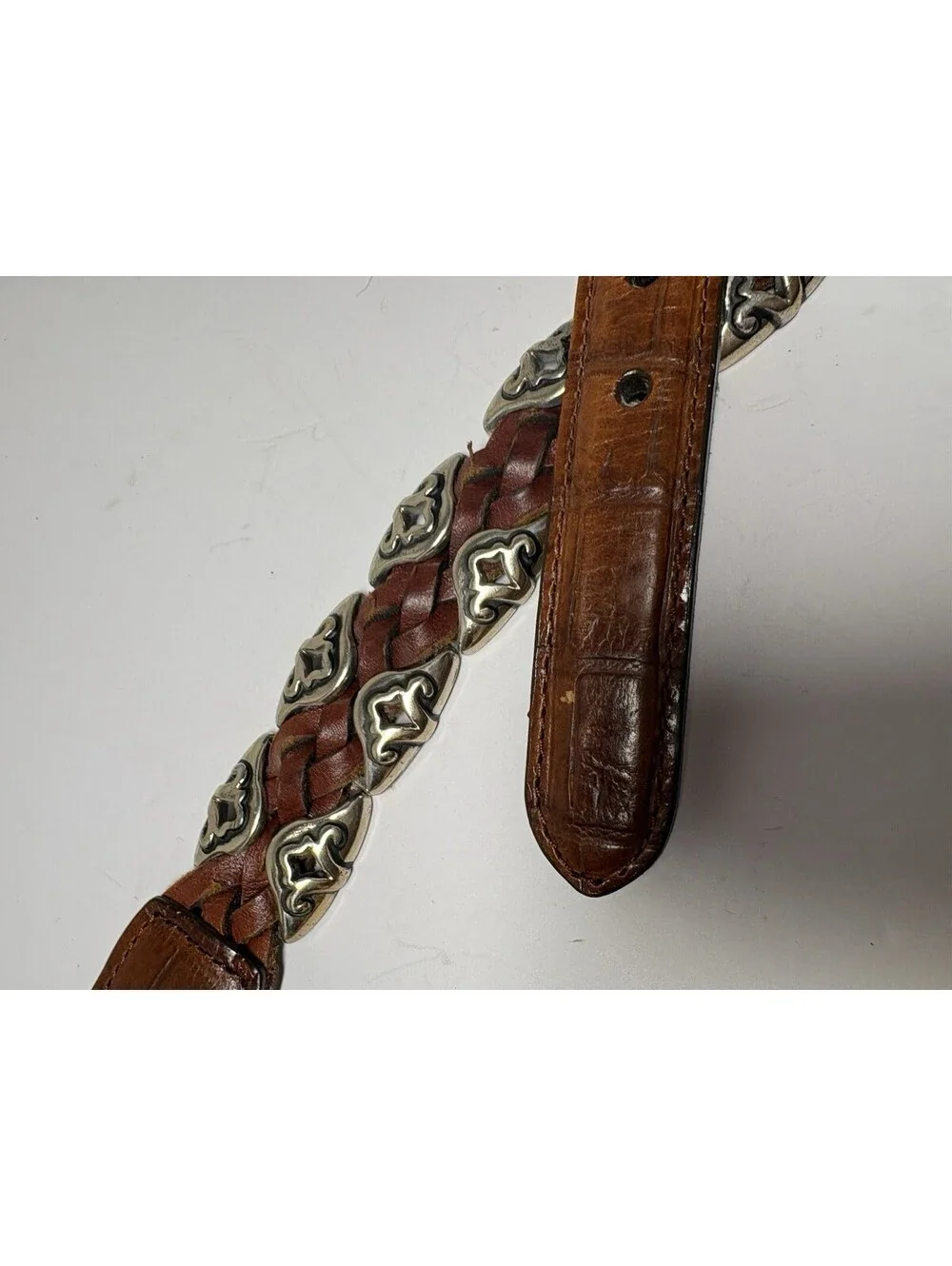BRIGHTON Brown Leather Braided Belt 91807 Silver Tone Buckle & Conchos Size Med